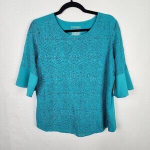 Van Huesen Mixed Media Lace Front Bell Sleeved‎ Top L